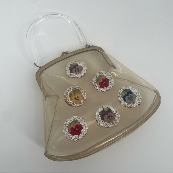 Vintage Lucite Handle Clear Plastic 40s/50s Handbag With Flowers & Beads - Picture 3 of 12